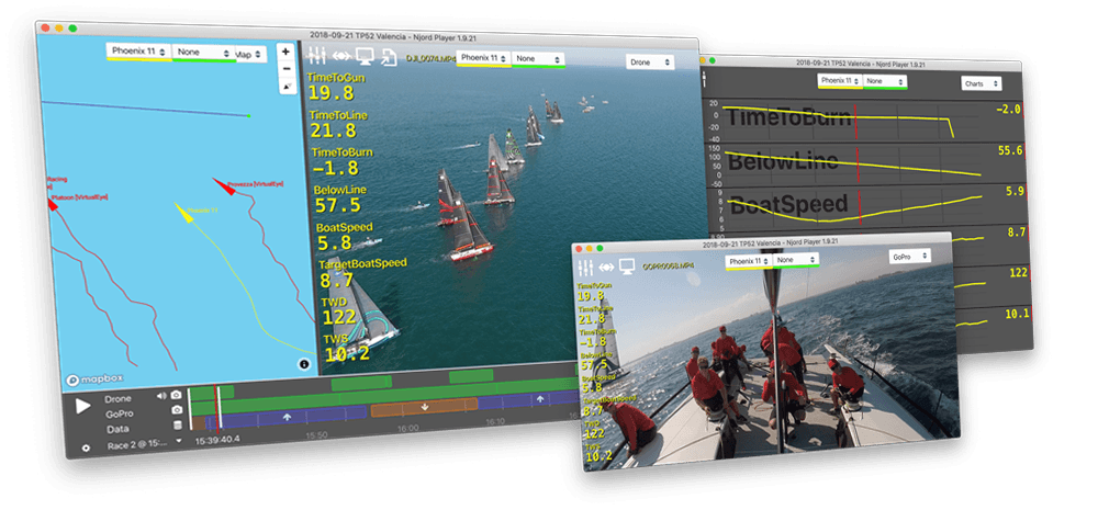 Njord Player screenshot showing video footage, maps and charting capabilities