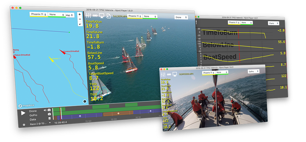 Njord Player screenshot showing video footage, maps and charting capabilities